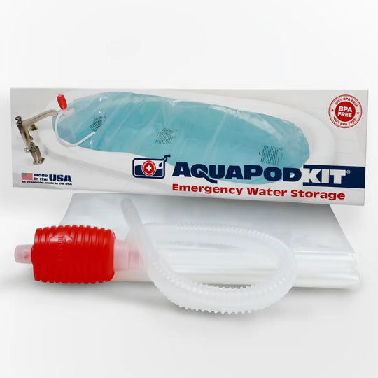 Aquapod emergency water storage kit a bathtub bladder with pump on a white background
